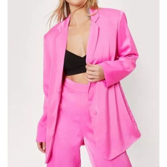 Nasty Gal ZUA60A7E10D Women's Sz 6 Hot Pink Satin Oversized Blazer - Picture 10 of 11